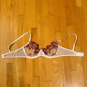 NWOT - White Sheer Lingerie Bra with Red & Black Floral Embroidery - US M